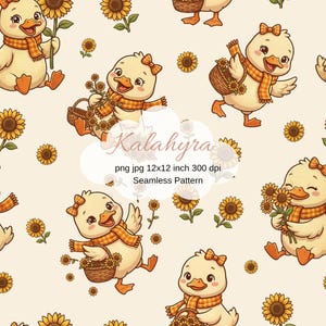 May include: A seamless pattern featuring cartoon ducklings wearing orange plaid scarves and bows, carrying woven baskets of sunflowers. The background is cream-colored and includes the text Kalahyra, png jpg 12x12 inch 300 dpi Seamless Pattern.