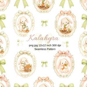 May include: A seamless pattern with watercolour illustrations of bunnies in decorative frames. The bunnies are depicted with carrots, watering cans, and carts. The design includes bows and the text "Kalahyra".