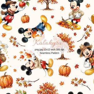 May include: A seamless pattern featuring Mickey Mouse in various autumn-themed activities, including holding an apple, raking leaves, and carrying a pumpkin. The design includes orange pumpkins, colorful maple leaves, and trees on a cream background.