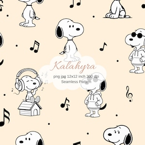 May include: A seamless pattern on a light beige background featuring black and white cartoon dog illustrations, musical notes, and dots. The text reads Kalahyra, png jpg 12x12 inch 300 dpi Seamless Pattern. The dogs are shown in various poses.