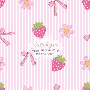 May include: Seamless pattern featuring pink strawberries, bows, and flowers on a striped background. The text "Kalahyra" is visible, along with the dimensions and resolution: png jpg 12x12 inch 300 dpi Seamless Pattern.