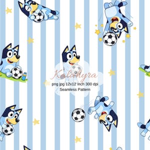 Patrón sin costuras de perro azul jugando al fútbol: fondo de dibujos animados divertido (descarga digital)