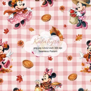 May include: A seamless pattern featuring Minnie Mouse in various autumn outfits, including a pink polka dot dress, a straw hat, and a plaid shawl. The design includes pumpkins, pies, and fall leaves on a light pink and white checkered background.