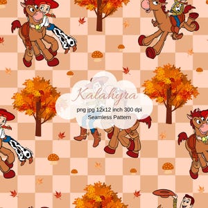 May include: A seamless pattern featuring cartoon characters riding horses, autumn trees with orange and red leaves, and small mushrooms on a light peach checkered background. The text reads Kalahyra png jpg 12x12 inch 300 dpi Seamless Pattern.