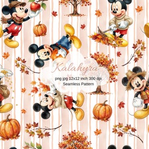 May include: A seamless pattern featuring Mickey Mouse in various autumn outfits, pumpkins, and fall foliage on a white background with vertical light pink stripes. Text reads Kalahyra, png jpg 12x12 inch 300 dpi Seamless Pattern.