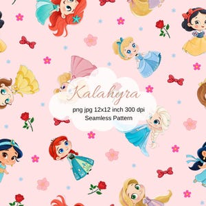 Patrón sin costuras de princesita, papel digital de princesa de flores, tela de sublimación con fondo rosa.