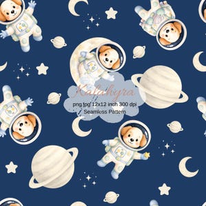 Puede incluir: Patrón sin costuras con perros de dibujos animados con trajes de astronauta, planetas, estrellas y lunas crecientes sobre un fondo azul oscuro. Incluye el texto "png.jpg 12x12 inch 300 dpi Seamless Pattern".