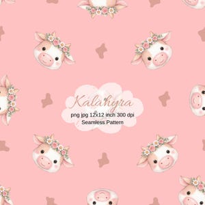 Könnte beinhalten: Nahtloses Muster mit entzückenden Kuhgesichtern mit Blumenkränzen auf rosa Hintergrund. Das Design beinhaltet braune Kuhflecken und den Text "Kalahyra". Das Bild ist 30,48 x 30,48 cm bei 300 dpi.