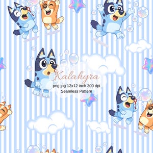May include: Seamless pattern featuring cartoon dogs in shades of blue and orange, blowing bubbles, with white clouds and star shapes on a light blue striped background. The text "Kalahyra" and "Seamless Pattern" are also visible.