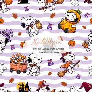 May include: A seamless pattern featuring Snoopy in various Halloween costumes and activities, including riding a broomstick, sitting in a pumpkin, and pulling a wagon of candy. The background has light purple wavy stripes, orange leaves, and ghosts.
