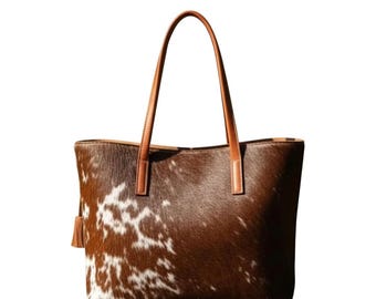 Minimalist Cowhide Tote Bag, Brown White Leather Shoulder Purse, Western Style Work Bag