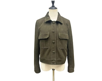 Women's Olive Green Suede Trucker Jacket - Genuine Suede Leather Cargo Coat