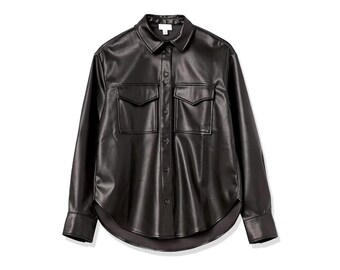 Women's Black Sheepskin Leather Shirt - Handcrafted Leather Shacket - Minimalist Button-Down Jacket - Luxury Streetwear