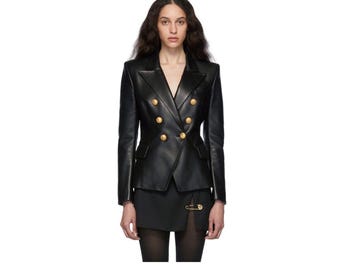 Women's Black Sheepskin Leather Blazer - Tailored Slim Fit - Luxury Gold Button Double Breasted