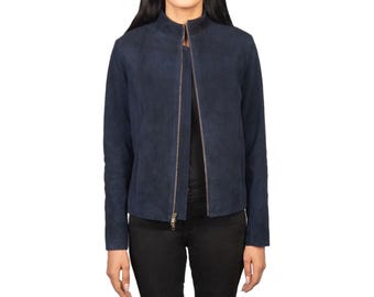 Women's Navy Blue Suede Leather Jacket - Handcrafted Genuine Suede Bomber