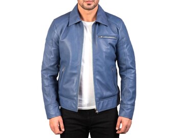 Men's Dusty Blue Cowhide Leather Biker Jacket – Slim Fit Genuine Handcrafted Outerwear