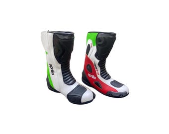 Aprilia Leather Motorcycle Racing Shoes – Red, White, Black, CE Certified Protection