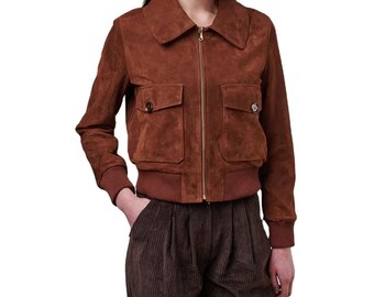 Women's Cognac Suede Leather Bomber Jacket -  Luxury Handcrafted Suede Outerwear with Cargo Pockets