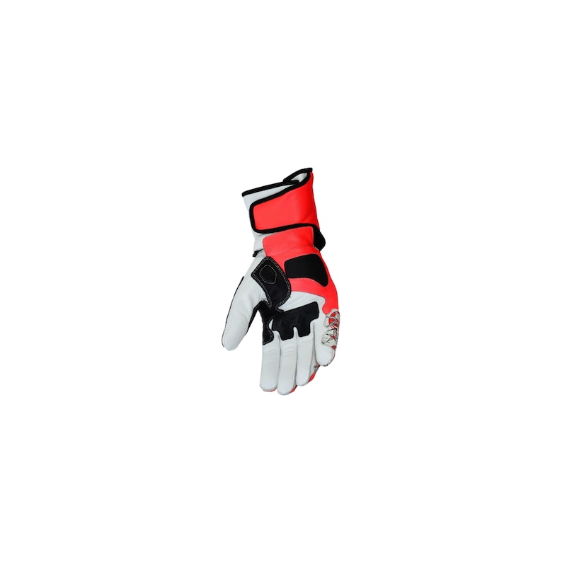May include: A single, right-handed racing glove. The glove features a combination of white, black, and red panels. The wrist area is red with a black and white cuff. The palm and fingers are white with black accents. The glove appears to be made of leather or a similar material.