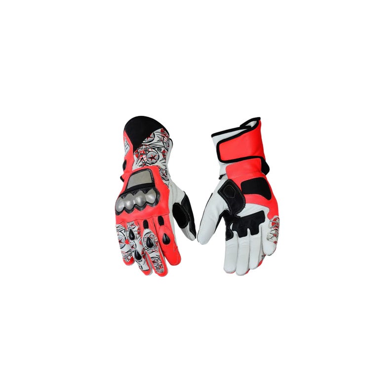 May include: Pair of motorcycle gloves with a striking design. The gloves feature a combination of red, white, and black colors. The design includes skull and star patterns, along with protective armor on the knuckles. The gloves are made of leather.