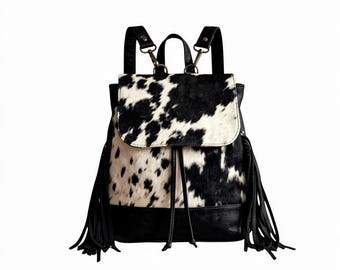Cowhide Leather Fringe Backpack, Western Drawstring Rucksack, Boho Hair-on-Hide Purse