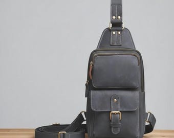 Men's Crazy Horse Leather Sling Bag, Vintage Crossbody Chest Pack