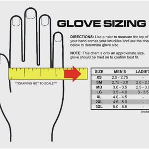 May include: A glove sizing chart with a hand outline, a yellow ruler, and a red arrow indicating measurement points. The chart provides sizes for men's and women's gloves in inches, ranging from XS to 3XL.