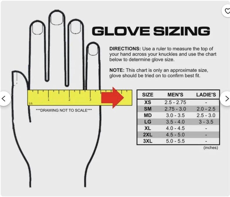 May include: A glove sizing chart with a hand outline, a yellow ruler, and a red arrow indicating measurement points. The chart provides sizes for men's and women's gloves in inches, ranging from XS to 3XL.