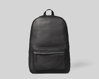 Full Grain Black Leather Backpack – Minimalist Urban Commuter Travel Bag – Handmade Tech Daypack