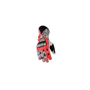 May include: A motorcycle glove with a white, red, and black color scheme. The glove features a design with stars and other graphics. The palm and finger areas are red, with black accents on the cuff and fingers.