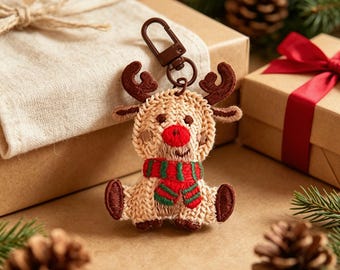 Knitted Christmas Ornament, Cute Reindeer Festive Tree Decor, Holiday Keychain Gift, Cozy Stocking Stuffer for Christmas Lovers