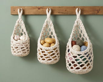 Woven Cotton Rope Fruit Net Bag, Boho Hanging Kitchen Organizer