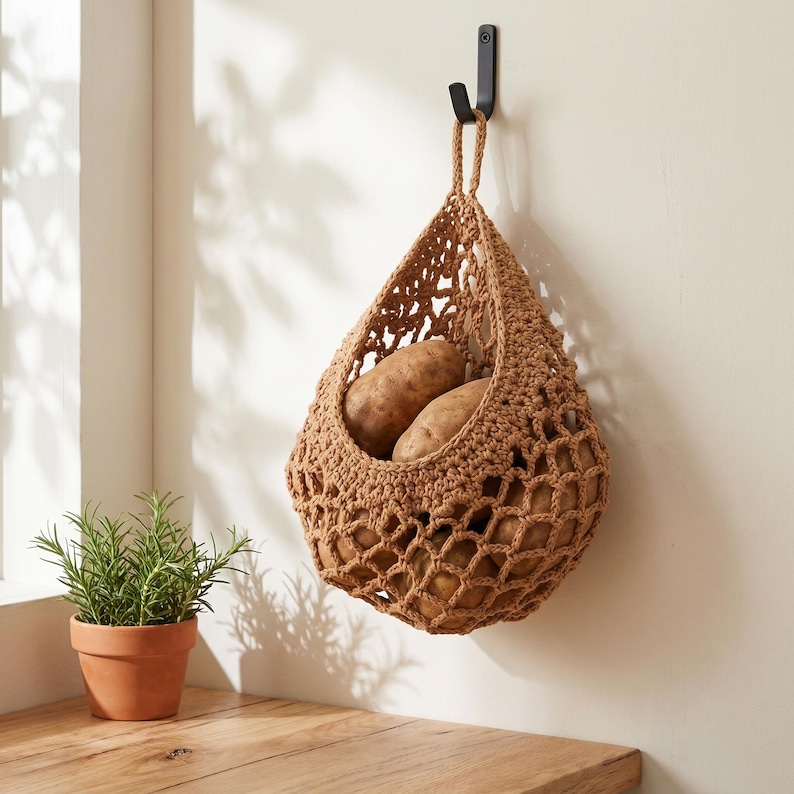 Cesta colgante de cuerda de algodón para frutas y verduras, bolsa de macramé marrón para almacenamiento en la cocina, organizador de despensa estilo boho. imagen 2