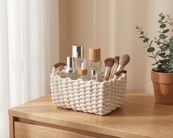 Woven Storage Basket with Handles, Decorative Organizer Bin for Bathroom Vanity, Nursery, Shelf and Cozy Home Decor