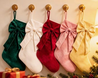 Velvet Christmas Stocking with Oversized Bow, Elegant Fireplace Mantel Hanging Decor, Festive Holiday Gift for Home Decor Lovers