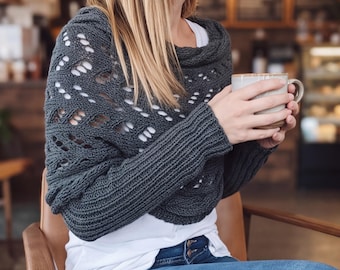 Openwork Knitted Shawl with Sleeves, Cozy Layering Wrap, Warm Autumn Winter Shoulder Cover, Elegant Gift for Her