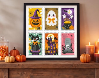Halloween Stamped Cross Stitch Kit, Cotton Spooky Postage Stamp Pattern, Fall DIY Needlework Craft Gift for Beginners