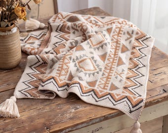Boho Throw Blanket, Knitted Geometric Fringe Sofa Throw, Cozy Bed Accent, Bohemian Home Decor, Housewarming Gift
