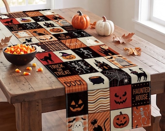 Halloween Table Runner, Spooky Pumpkin Ghost and Black Cat Decor, Fall Dining Table Accent, Trick or Treat Home Decor