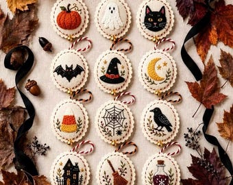Halloween Embroidery Ornament Kit, Witch Hat & Black Cat Hanging Decor, Spooky Season DIY Craft Gift for Hand Embroidery Lovers