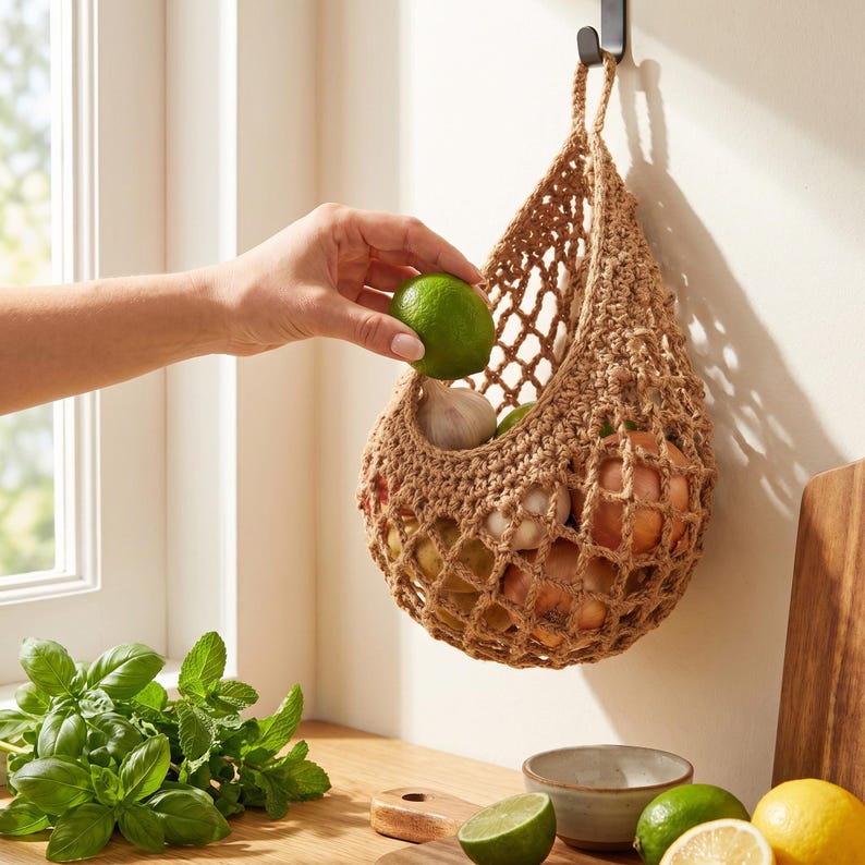 Cesta colgante de cuerda de algodón para frutas y verduras, bolsa de macramé marrón para almacenamiento en la cocina, organizador de despensa estilo boho. imagen 8