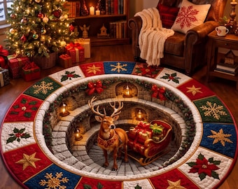 Alfombra redonda navideña, decoración navideña de la juguetería de Papá Noel, alfombra festiva para el hogar, ideal para la entrada, la sala de estar o como regalo de inauguración de Navidad.
