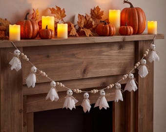 Guirnalda de fantasmas de Halloween, linda decoración espeluznante para repisa y pared, decoración de fiesta de otoño estilo granja, divertido acento navideño para el hogar en la temporada de Halloween.