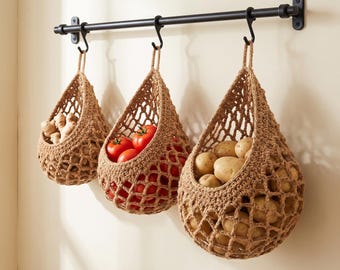 Cotton Rope Hanging Produce Basket, Brown Macrame Fruit Net Bag for Kitchen Storage, Boho Pantry Organizer Gift