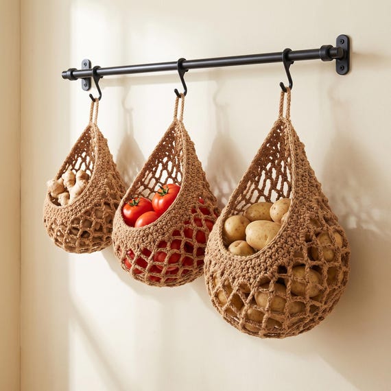 Cotton Rope Hanging Produce Basket, Brown Macrame Fruit Net Bag for Kitchen Storage, Boho Pantry Organizer Gift