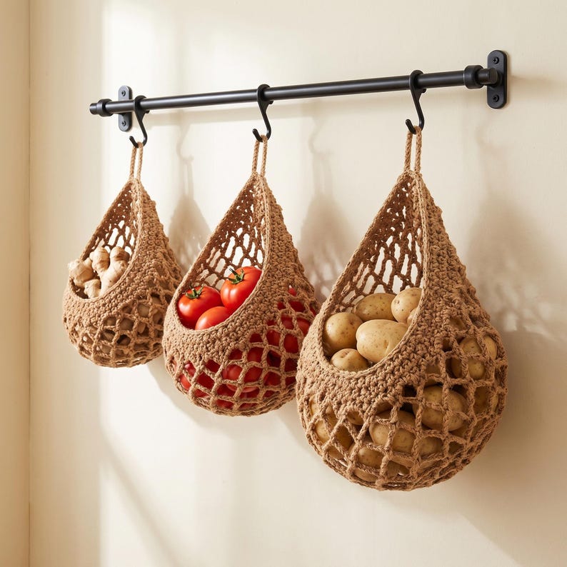 Cesta colgante de cuerda de algodón para frutas y verduras, bolsa de macramé marrón para almacenamiento en la cocina, organizador de despensa estilo boho. imagen 1