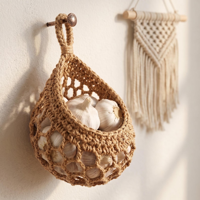 Cesta colgante de cuerda de algodón para frutas y verduras, bolsa de macramé marrón para almacenamiento en la cocina, organizador de despensa estilo boho. imagen 4