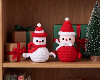 Crochet Christmas Figurine, Santa & Snowman Holiday Shelf Table Decor, Soft Yarn Handmade Ornament, Christmas Gift for Home Decor Lovers