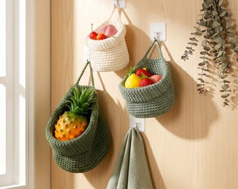 Woven Hanging Produce Basket, Boho Kitchen Storage, Farmhouse Pantry Organizer
