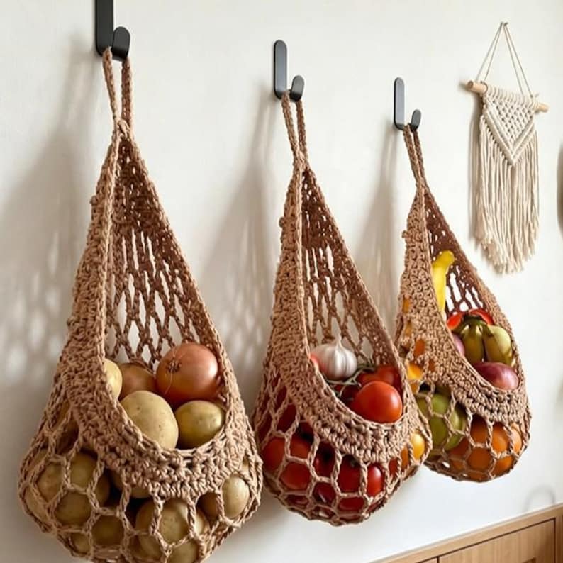 Cesta colgante de cuerda de algodón para frutas y verduras, bolsa de macramé marrón para almacenamiento en la cocina, organizador de despensa estilo boho. Set